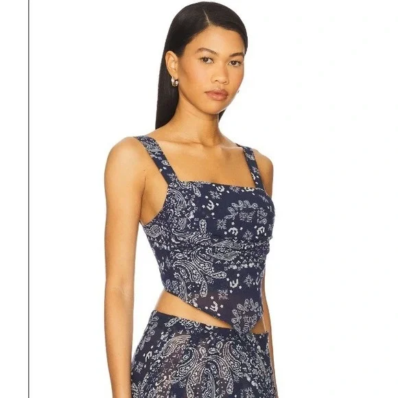 Miaou Tati Top Bandana Navy Silk Blend Corset Style Cropped Camisole Size S - Picture 10 of 11